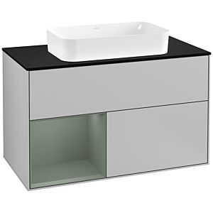 Villeroy und Boch Finion Waschtischunterschrank G242GMGJ 100cm, Abdeckplatte black matt, Emotion, Regal links Olive Matt Lacquer, Light grey matt