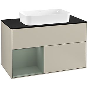 Villeroy und Boch Finion Waschtischunterschrank G242GMHH 100cm, Abdeckplatte black matt, Emotion, Regal links Olive Matt Lacquer, Sand Matt Lacquer