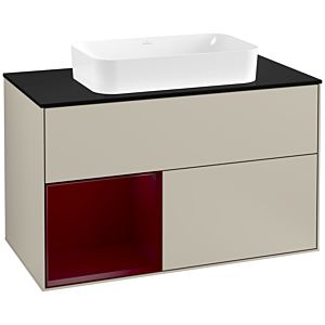 Villeroy und Boch Finion Waschtischunterschrank G242HBHH 100cm, Abdeckplatte black matt, Emotion, Regal links Peony, Sand Matt Lacquer