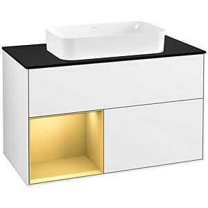Villeroy und Boch Finion Waschtischunterschrank G242HFGF 100cm, Abdeckplatte black matt, Emotion, Regal links Gold matt, Glossy white lacquer