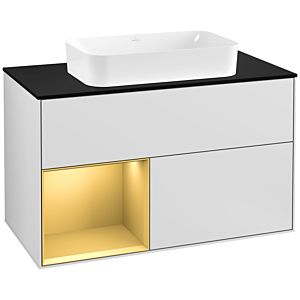 Villeroy und Boch Finion Waschtischunterschrank G242HFMT 100cm, Abdeckplatte black matt, Emotion, Regal links Gold matt, White matt lacquer