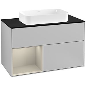Villeroy und Boch Finion Waschtischunterschrank G242HHGJ 100cm, Abdeckplatte black matt, Emotion, Regal links Sand Matt Lacquer, Light grey matt