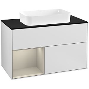 Villeroy und Boch Finion Waschtischunterschrank G242HHMT 100cm, Abdeckplatte black matt, Emotion, Regal links Sand Matt Lacquer, White matt lacquer