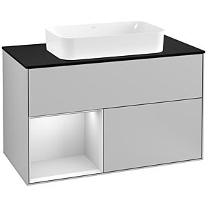 Villeroy und Boch Finion Waschtischunterschrank G242MTGJ 100cm, Abdeckplatte black matt, Emotion, Regal links White matt lacquer, Light grey matt