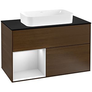 Villeroy und Boch Finion Waschtischunterschrank G242MTGN 100cm, Abdeckplatte black matt, Emotion, Regal links White matt lacquer, Walnut veneer