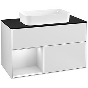 Villeroy und Boch Finion Waschtischunterschrank G242MTMT 100cm, Abdeckplatte black matt, Emotion, Regal links White matt lacquer, White matt lacquer