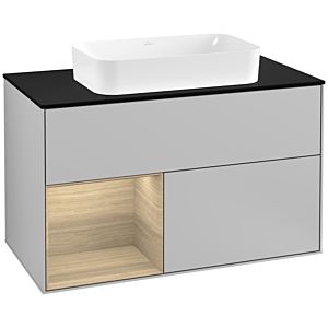 Villeroy und Boch Finion Waschtischunterschrank G242PCGJ 100cm, Abdeckplatte black matt, Emotion, Regal links Oak Veneer, Light grey matt