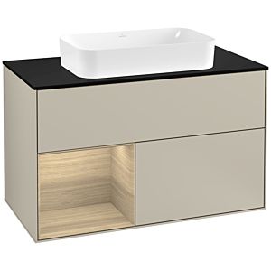 Villeroy und Boch Finion Waschtischunterschrank G242PCHH 100cm, Abdeckplatte black matt, Emotion, Regal links Oak Veneer, Sand Matt Lacquer