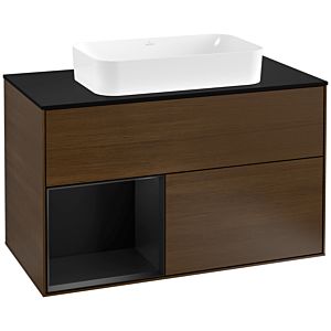 Villeroy und Boch Finion Waschtischunterschrank G242PDGN 100cm, Abdeckplatte black matt, Emotion, Regal links Black matt lacquer, Walnut veneer