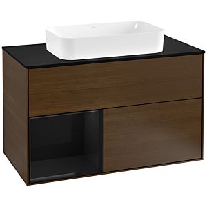 Villeroy und Boch Finion Waschtischunterschrank G242PHGN 100cm, Abdeckplatte black matt, Emotion, Regal links Glossy Black Lacquer, Walnut veneer