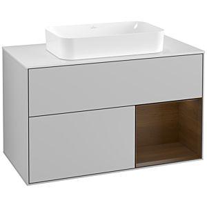 Villeroy und Boch Finion Waschtischunterschrank G251GNGJ 100cm, Abdeckplatte white matt, Emotion, Regal rechts Walnut veneer, Light grey matt