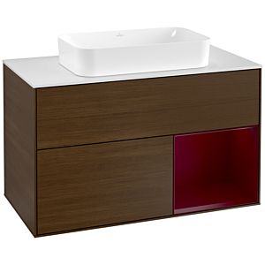 Villeroy und Boch Finion Waschtischunterschrank G251HBGN 100cm, Abdeckplatte white matt, Emotion, Regal rechts Peony, Walnut veneer