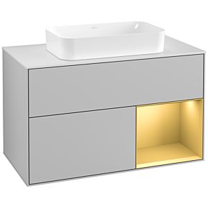 Villeroy und Boch Finion Waschtischunterschrank G251HFGJ 100cm, Abdeckplatte white matt, Emotion, Regal rechts Gold matt, Light grey matt
