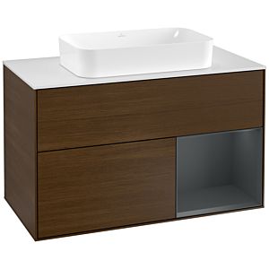 Villeroy und Boch Finion Waschtischunterschrank G251HGGN 100cm, Abdeckplatte white matt, Emotion, Regal rechts Midnight Blue Matt Lacquer, Walnut veneer