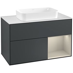 Villeroy und Boch Finion Waschtischunterschrank G251HHHG 100cm, Abdeckplatte white matt, Emotion, Regal rechts Sand Matt, Midnight Blue Matt Lacquer