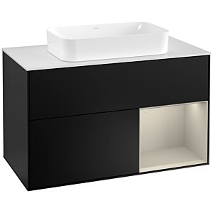 Villeroy et Boch Finion Villeroy et Boch G251HHPD 100cm, plaque de recouvrement blanc mat, Emotion, étagère à droite Sand mat, laqué noir mat