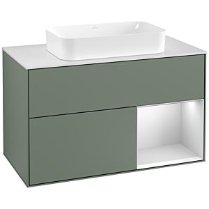 Villeroy und Boch Finion Waschtischunterschrank G251MTGM 100cm, Abdeckplatte white matt, Emotion, Regal rechts White matt lacquer, Olive Matt Lacquer