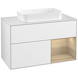 Villeroy und Boch Finion Waschtischunterschrank G251PCGF 100cm, Abdeckplatte white matt, Emotion, Regal rechts Oak Veneer, Glossy white lacquer
