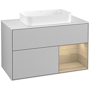 Villeroy und Boch Finion Waschtischunterschrank G251PCGJ 100cm, Abdeckplatte white matt, Emotion, Regal rechts Oak Veneer, Light grey matt