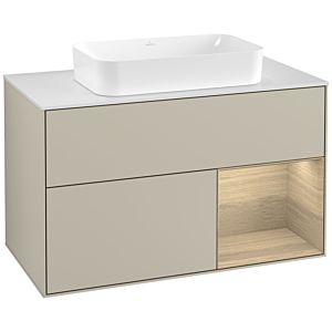 Villeroy und Boch Finion Waschtischunterschrank G251PCHH 100cm, Abdeckplatte white matt, Emotion, Regal rechts Oak Veneer, Sand Matt Lacquer