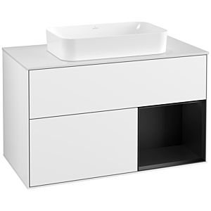 Villeroy und Boch Finion Waschtischunterschrank G251PDGF 100cm, Abdeckplatte white matt, Emotion, Regal rechts Black matt lacquer, Glossy white lacquer