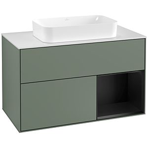 Villeroy et Boch Finion Villeroy et Boch G251PDGM 100cm, plaque de recouvrement blanc mat, Emotion, étagère à droite laqué noir mat, Olive Matt Lacquer