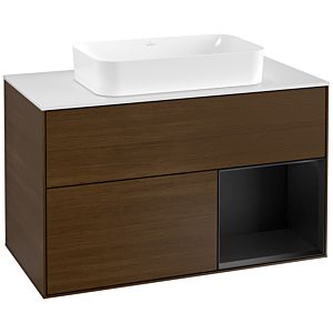 Villeroy und Boch Finion Waschtischunterschrank G251PDGN 100cm, Abdeckplatte white matt, Emotion, Regal rechts Black matt lacquer, Walnut veneer