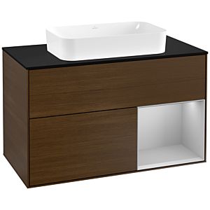 Villeroy und Boch Finion Waschtischunterschrank G252GJGN 100cm, Abdeckplatte black matt, Emotion, Regal rechts Light grey matt, Walnut veneer