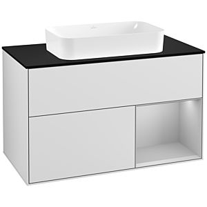 Villeroy und Boch Finion Waschtischunterschrank G252GJMT 100cm, Abdeckplatte black matt, Emotion, Regal rechts Light grey matt, White matt lacquer