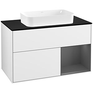 Villeroy und Boch Finion Waschtischunterschrank G252GKGF 100cm, Abdeckplatte black matt, Emotion, Regal rechts Anthracite matt, Glossy white lacquer
