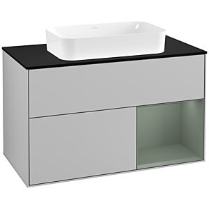 Villeroy und Boch Finion Waschtischunterschrank G252GMGJ 100cm, Abdeckplatte black matt, Emotion, Regal rechts Olive Matt Lacquer, Light grey matt