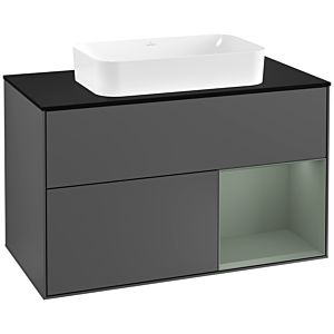 Villeroy und Boch Finion Waschtischunterschrank G252GMGK 100cm, Abdeckplatte black matt, Emotion, Regal rechts Olive Matt Lacquer, Anthracite matt
