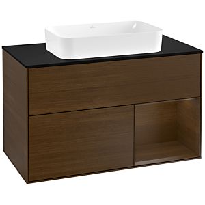Villeroy und Boch Finion Waschtischunterschrank G252GNGN 100cm, Abdeckplatte black matt, Emotion, Regal rechts Walnut veneer, Walnut veneer