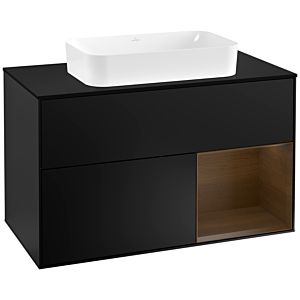Villeroy und Boch Finion Waschtischunterschrank G252GNPD 100cm, Abdeckplatte black matt, Emotion, Regal rechts Walnut veneer, Black matt lacquer