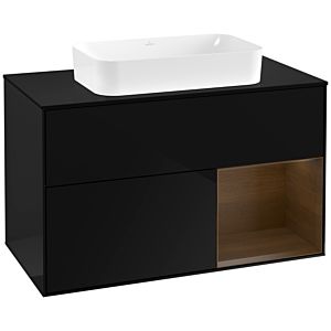 Villeroy und Boch Finion Waschtischunterschrank G252GNPH 100cm, Abdeckplatte black matt, Emotion, Regal rechts Walnut veneer, Glossy Black Lacquer