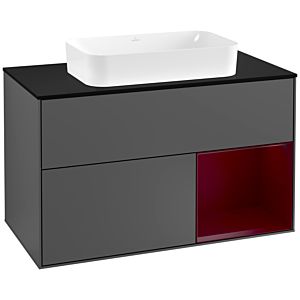 Villeroy und Boch Finion Waschtischunterschrank G252HBGK 100cm, Abdeckplatte black matt, Emotion, Regal rechts Peony, Anthracite matt