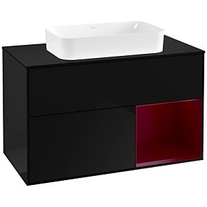 Villeroy und Boch Finion Waschtischunterschrank G252HBPH 100cm, Abdeckplatte black matt, Emotion, Regal rechts Peony, Glossy Black Lacquer