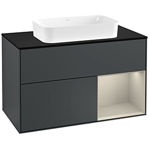 Villeroy und Boch Finion Waschtischunterschrank G252HHHG 100cm, Abdeckplatte black matt, Emotion, Regal rechts Sand Matt, Midnight Blue Matt Lacquer
