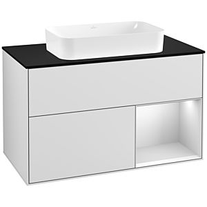 Villeroy et Boch Finion Villeroy et Boch G252MTMT 100cm, plaque de finition noir mat, Emotion, étagère à droite laqué blanc mat, laqué blanc mat