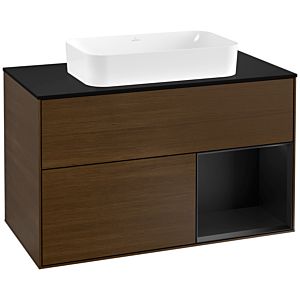 Villeroy und Boch Finion Waschtischunterschrank G252PDGN 100cm, Abdeckplatte black matt, Emotion, Regal rechts Black matt lacquer, Walnut veneer