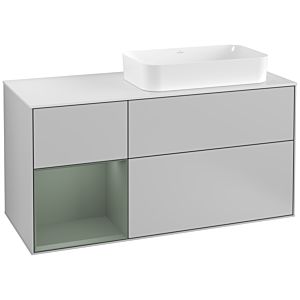 Villeroy und Boch Finion Waschtischunterschrank G271GMGJ 120cm, Abdeckplatte white matt, Emotion, Regal links Olive Matt Lacquer, Light grey matt