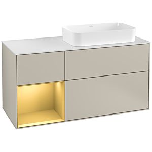 Villeroy und Boch Finion Waschtischunterschrank G271HFHH 120cm, Abdeckplatte white matt, Emotion, Regal links Gold matt, Sand Matt Lacquer