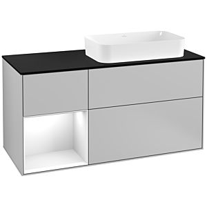 Villeroy und Boch Finion Waschtischunterschrank G272GFGJ 120cm, Abdeckplatte black matt, Emotion, Regal links Glossy white lacquer, Light grey matt