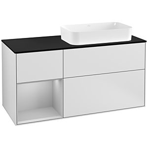 Villeroy und Boch Finion Waschtischunterschrank G272GJMT 120cm, Abdeckplatte black matt, Emotion, Regal links Light grey matt, White matt lacquer