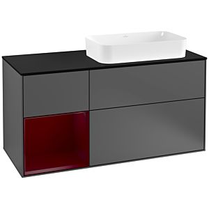 Villeroy und Boch Finion Waschtischunterschrank G272HBGK 120cm, Abdeckplatte black matt, Emotion, Regal links Peony, Anthracite matt