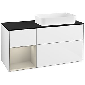 Villeroy und Boch Finion Waschtischunterschrank G272HHGF 120cm, Abdeckplatte black matt, Emotion, Regal links Sand Matt Lacquer, Glossy white lacquer
