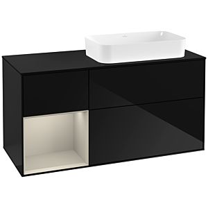 Villeroy und Boch Finion Waschtischunterschrank G272HHPH 120cm, Abdeckplatte black matt, Emotion, Regal links Sand Matt Lacquer, Glossy Black Lacquer