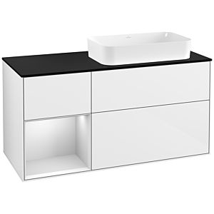 Villeroy et Boch Finion Villeroy et Boch G272MTGF 120cm, plaque de finition noir mat, Emotion, étagère gauche laqué blanc mat, laqué blanc brillant