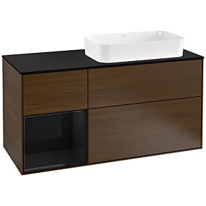 Villeroy und Boch Finion Waschtischunterschrank G272PHGN 120cm, Abdeckplatte black matt, Emotion, Regal links Glossy Black Lacquer, Walnut veneer