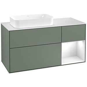 Villeroy et Boch Finion Villeroy et Boch G281GFGM 120cm, plaque de finition blanc mat, Emotion, étagère à droite Laque blanc brillant, Olive Matt Lacquer